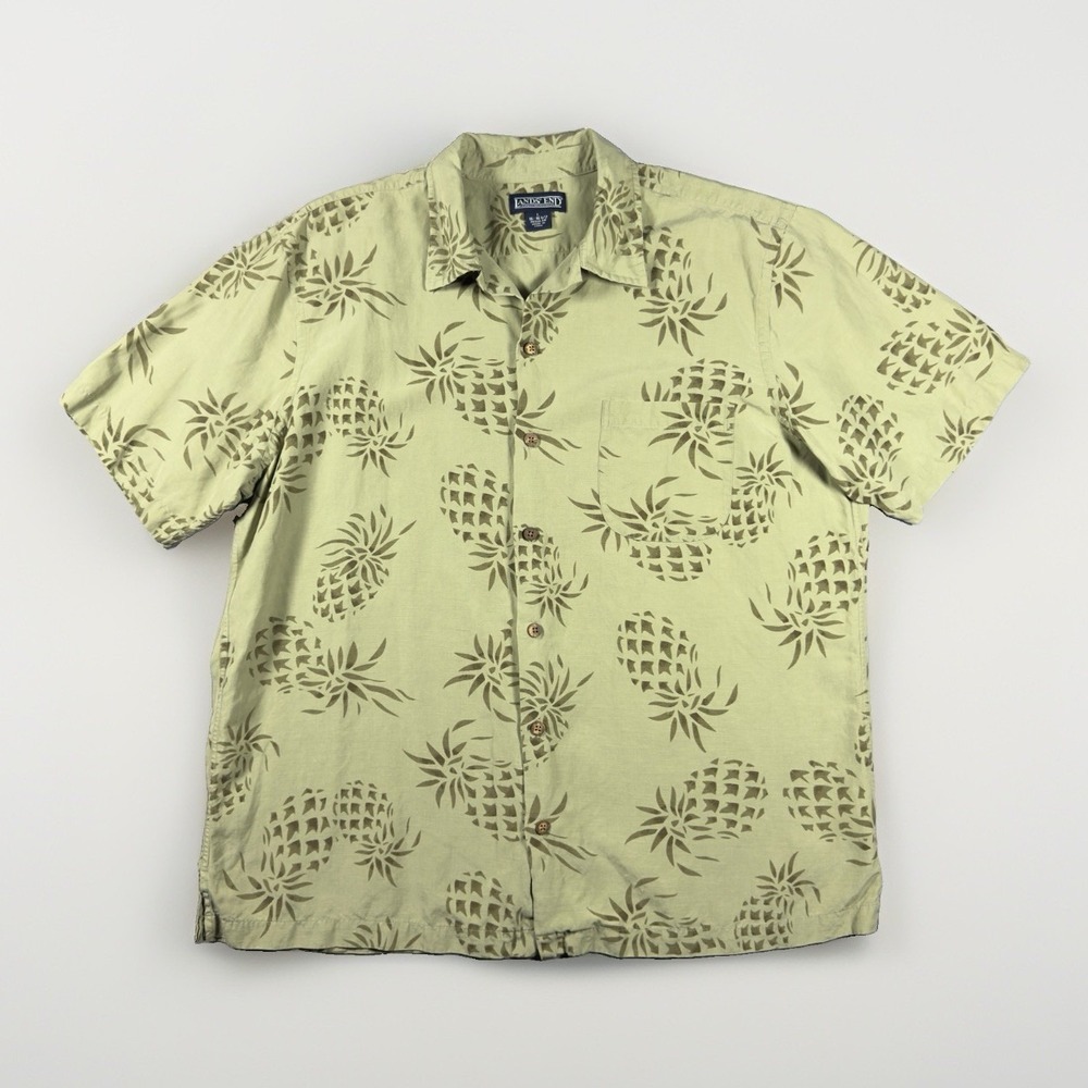 Lands End Silk Linen Hawaiian Shirt Mens L Beige Pineapple Camp Button Up